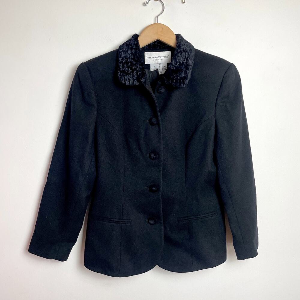 Vintage 90s Wool Blazer Sz 8 Minimalist Faux Fur Collar Quiet Luxury Office